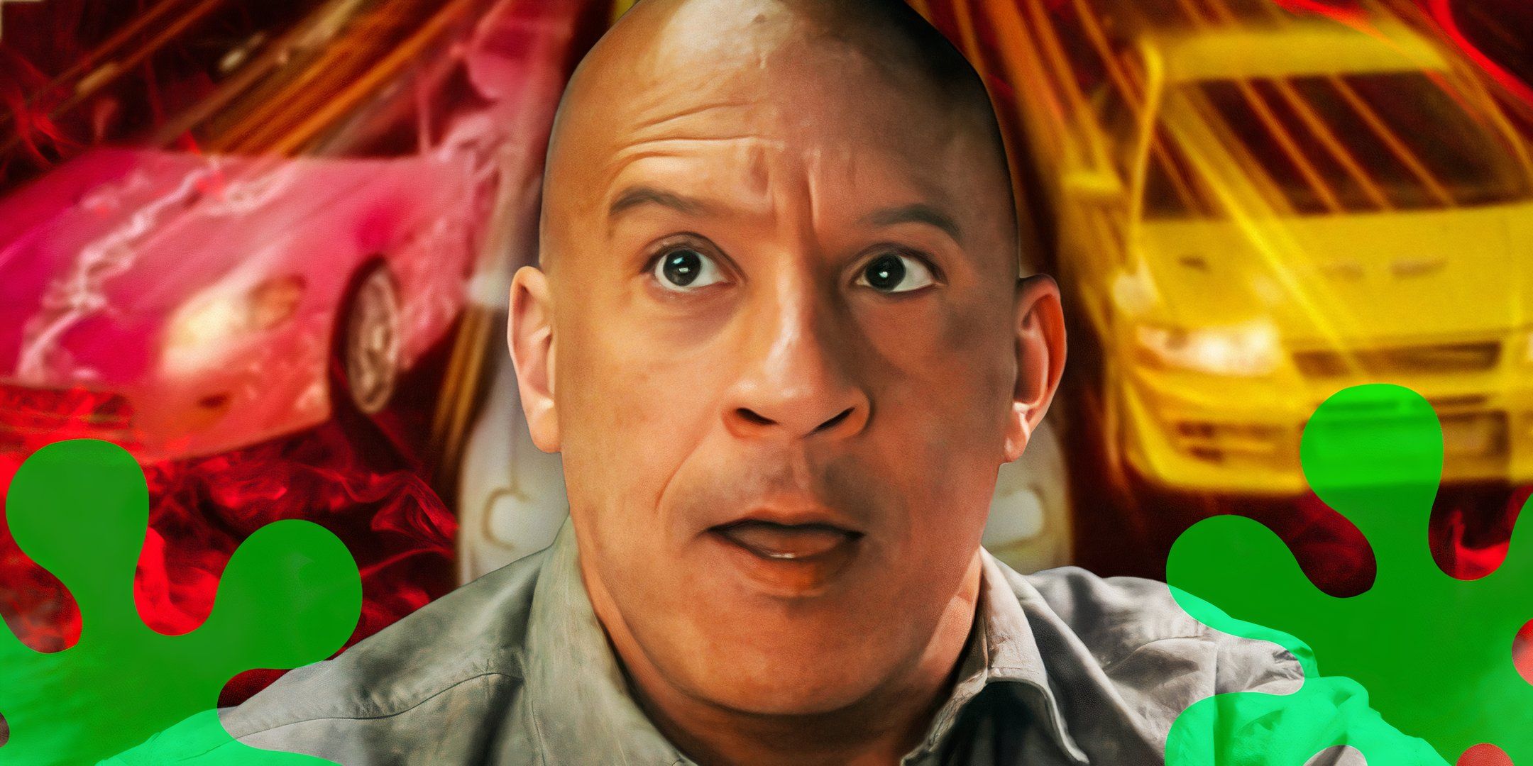 Vin Diesel as Dominic Toretto with his mouth open in Fast & Furious surrounded by cars and Rotten Tomatoes symbols