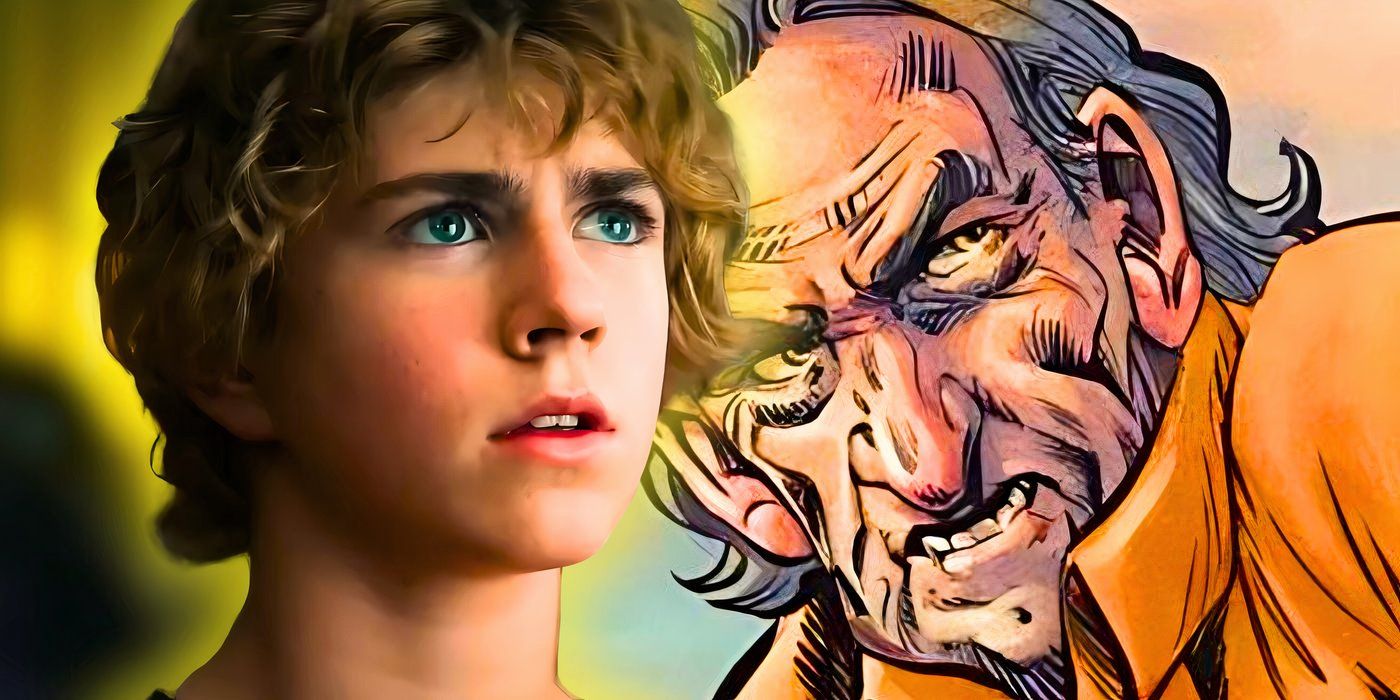 Walker Scobell as Percy Jackson looking concerned and art of Tantalus from the Percy Jackson graphic novels