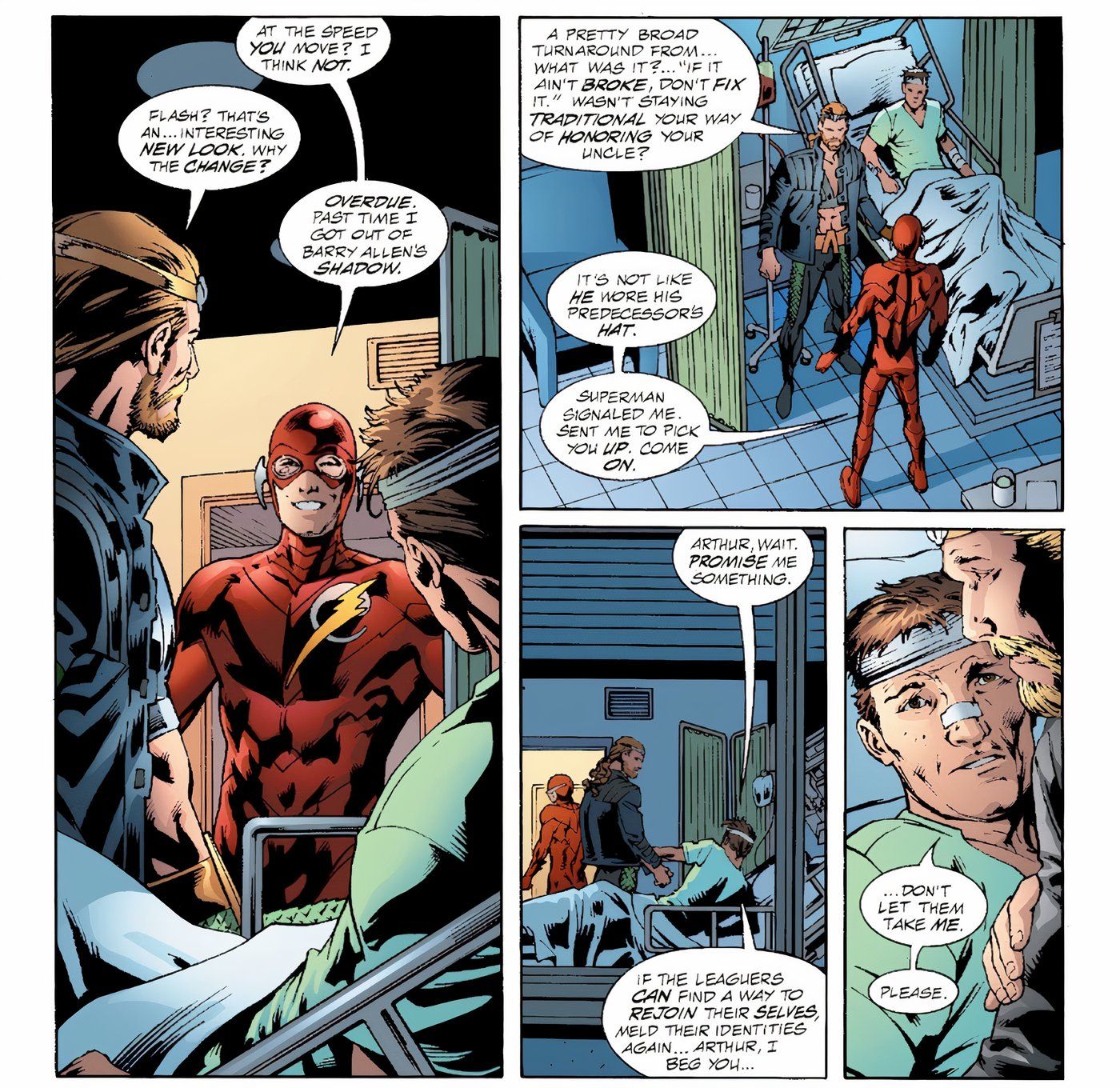 Painéis de quadrinhos: Wally West aparece com uma nova fantasia de Flash em um quarto de hospital.