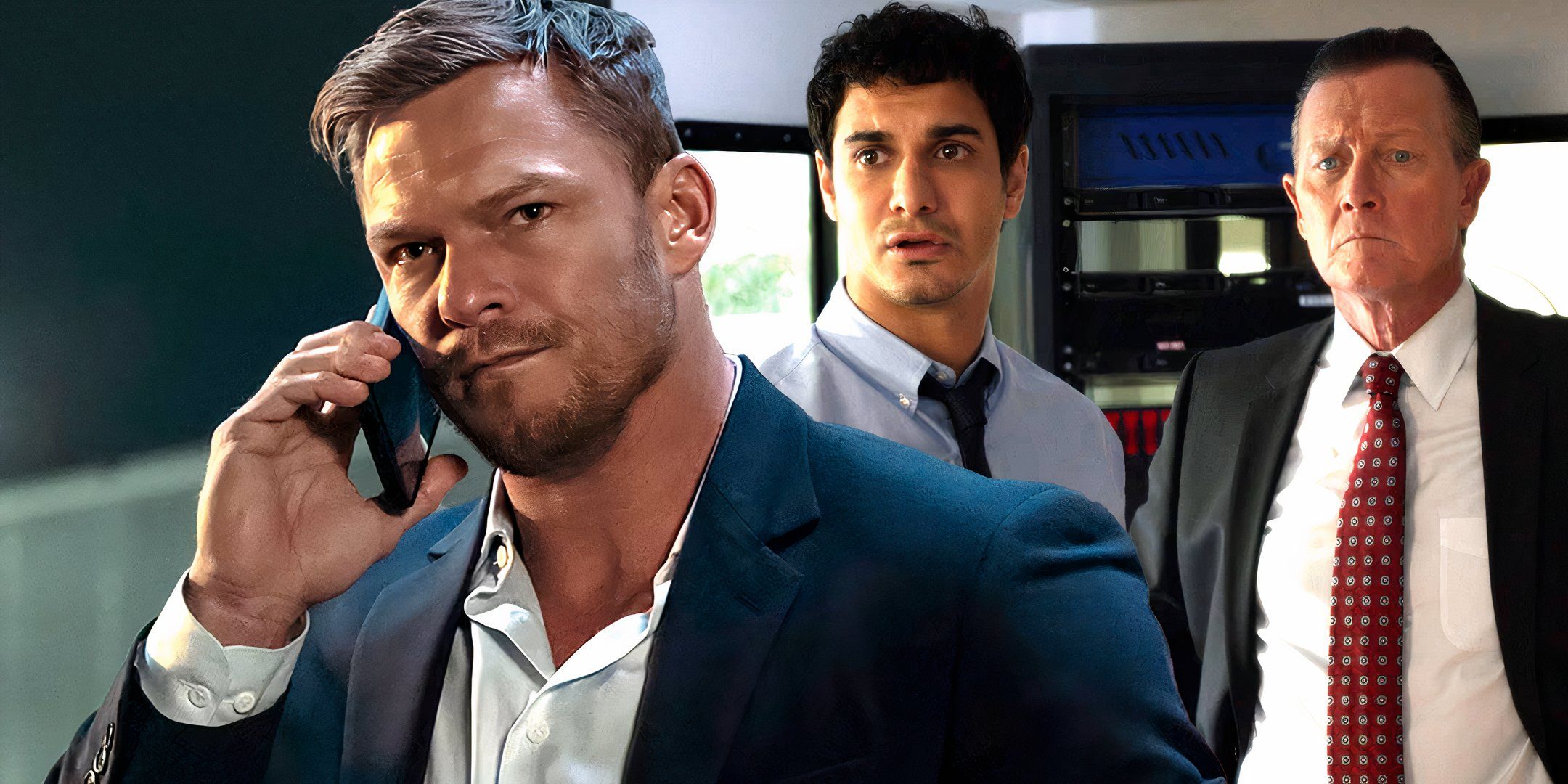 Walter and Cabe from Scorpion looking intently at Alan Ritchson as Jack Reacher in Reacher