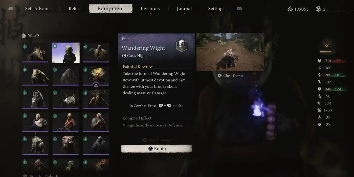 Player viewing stats and features of the Wandering Wight Spirit in Black Myth: Wukong..