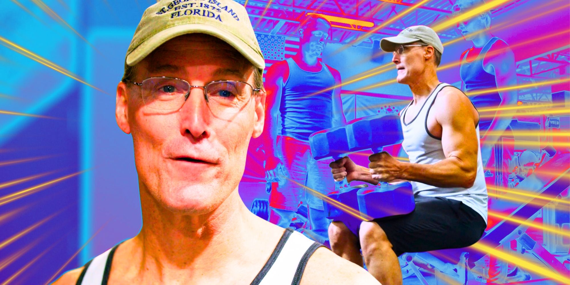 Welcome to Plathville Barry Plath talking next to a picture of him working out with weights