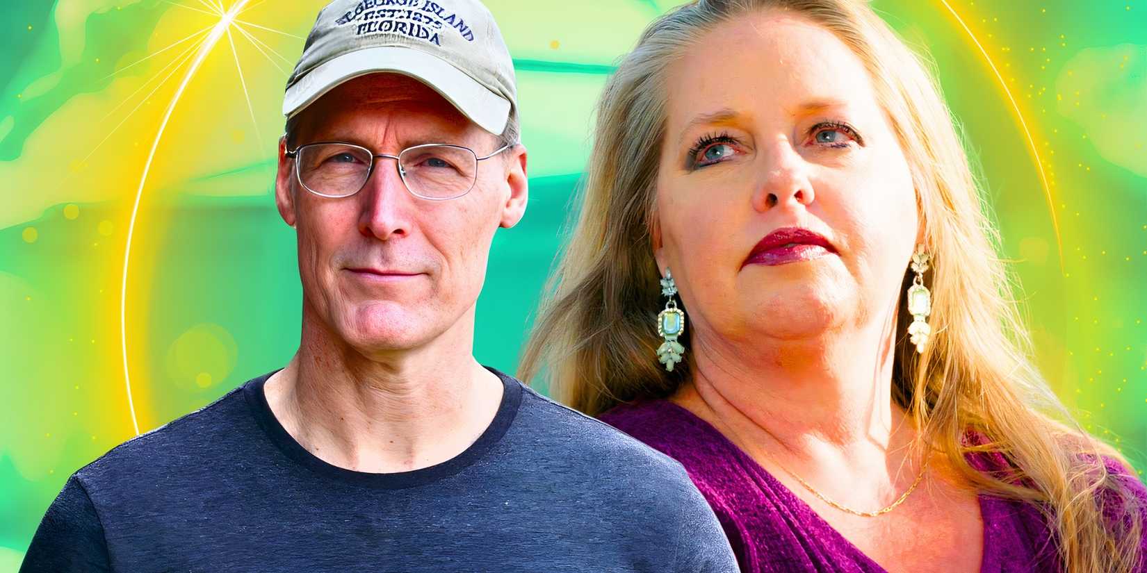 Welcome To Plathville Barry and Kim Plath with him smilng and her looking serious with green and yellow background