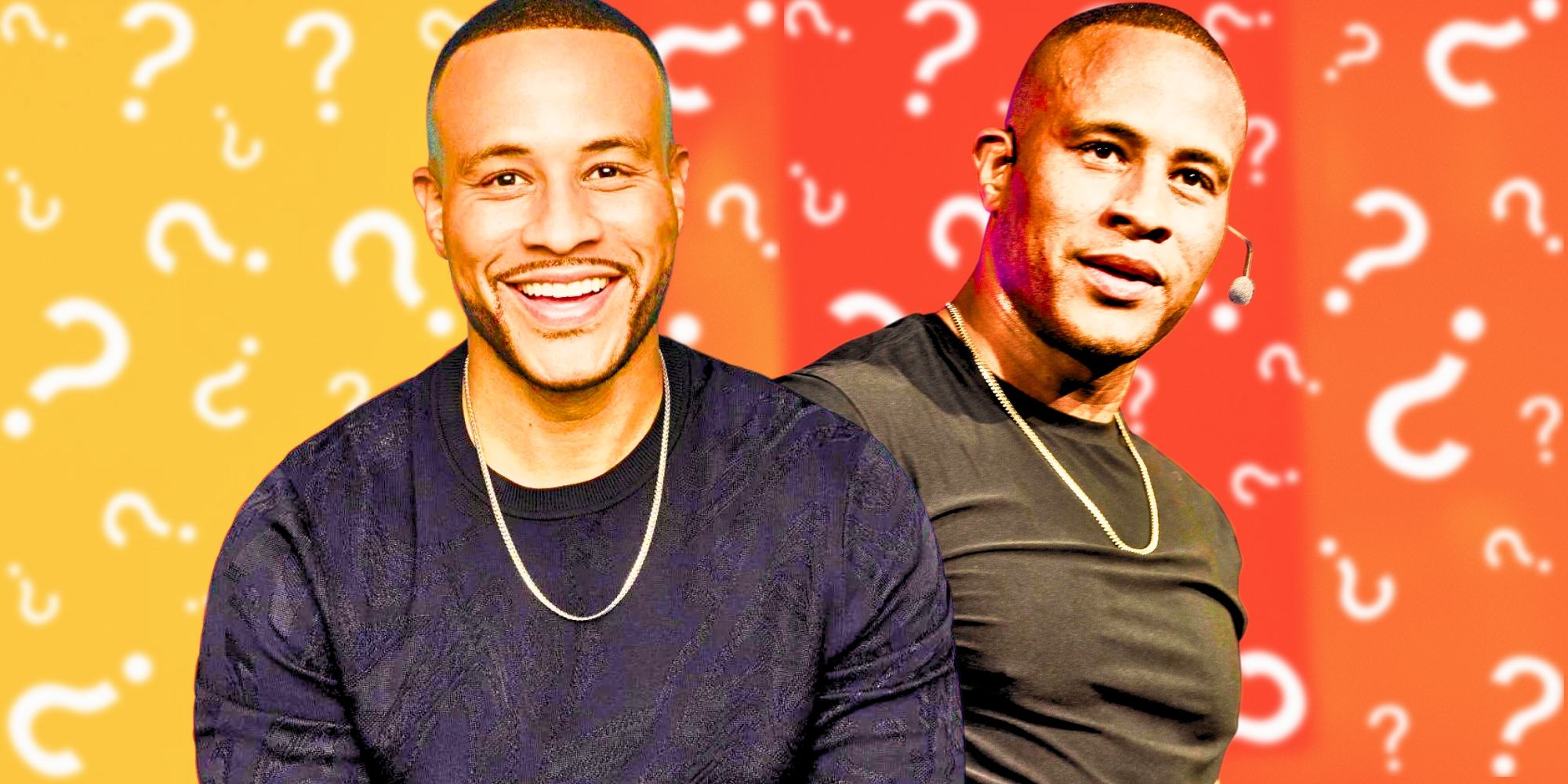 Married At First Sight Expert DeVon Franklin smiling in front of a yellow and orange background with question marks.