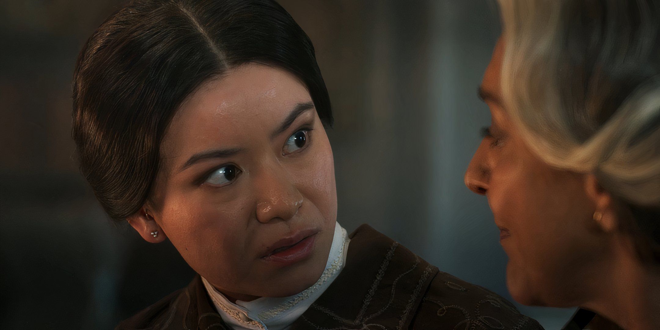 Yasicca (Katie Leung) looks at Verin (Meera Syal) in shock in The Wheel Of Time.