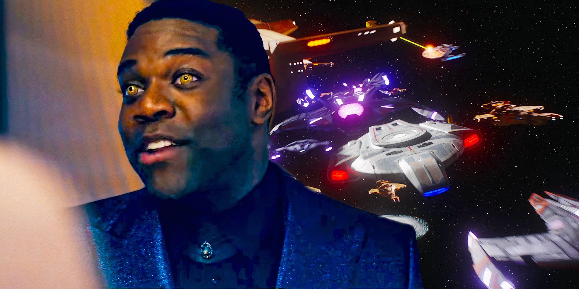 Sam Richardson sebagai Bunglon di Star Trek 31 saat Perang Dominion berkecamuk di DS9 di belakangnya.