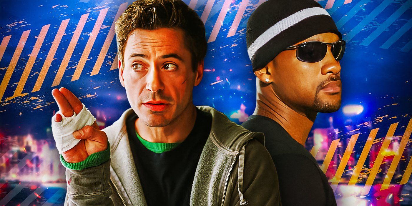 Images of Robert Downey Jr in Kiss Kiss Bang Bang and Will Smith in Bad Boys II are edited in front of a crime scene image.