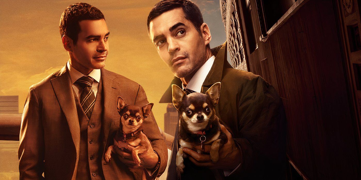 A composite image of Will holding his dog and looking off into the distance in Will Trent