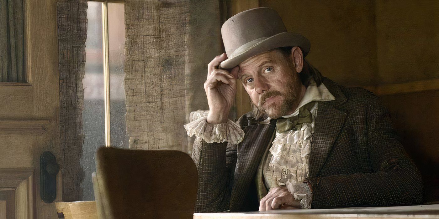 William Sanderson as E.B. Farnum touching his hat in Deadwood - The Movie