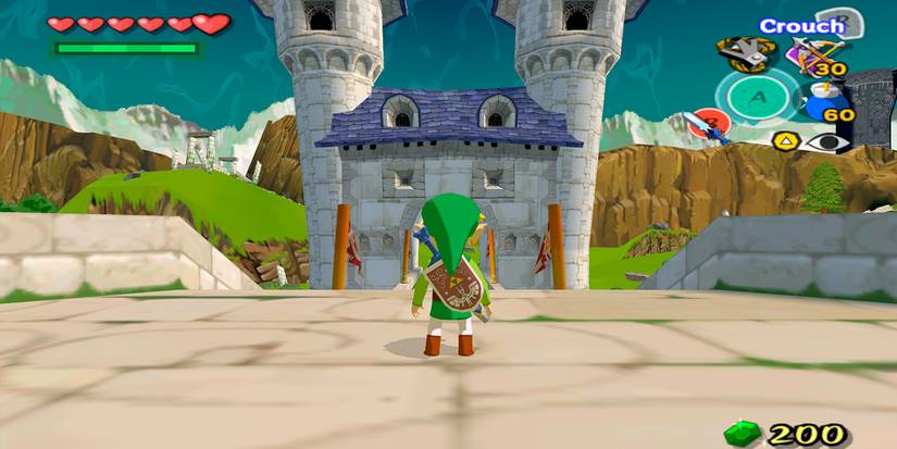 Link in front of the Hyrule Castle entrance of The Wind Waker