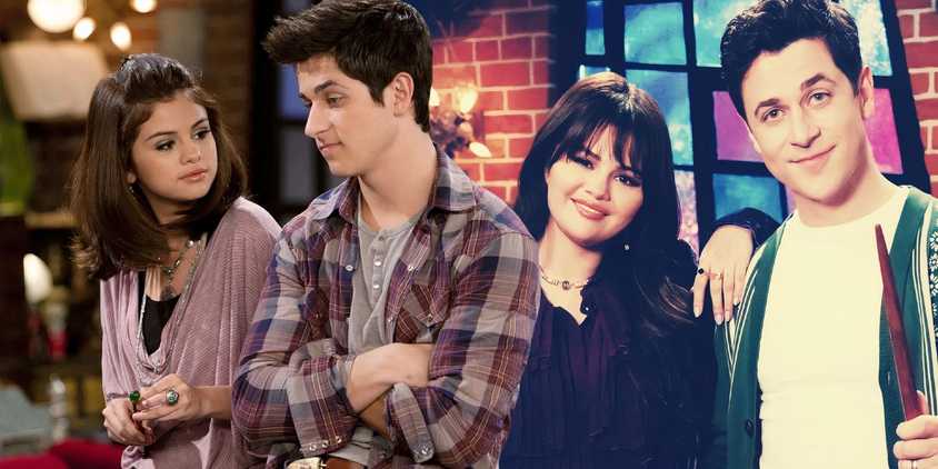 A composite image of David Henrie and Selena Gomez talking in Wizards of Waverly Place in front of the two posing in the sequel series