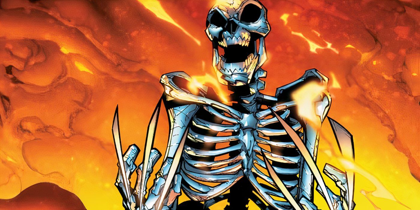 Wolverine's exposed adamantium skeleton is surrounded by flames, his skin is burned.