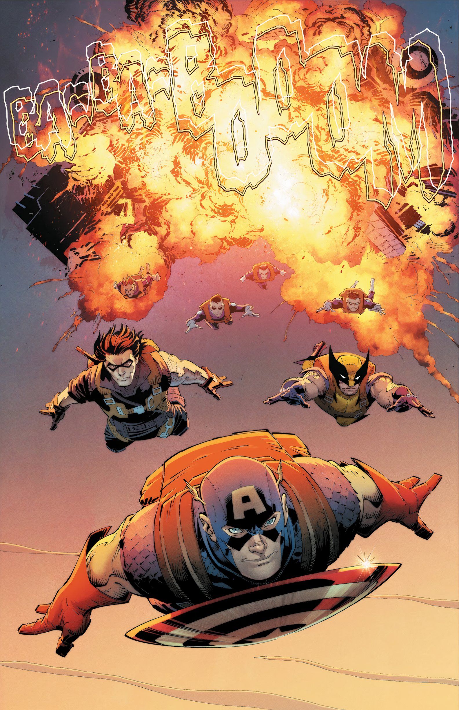 Wolverine Revenge #1 Captain America, Wolverine, Winter Soldier jump from exploding helicarrier