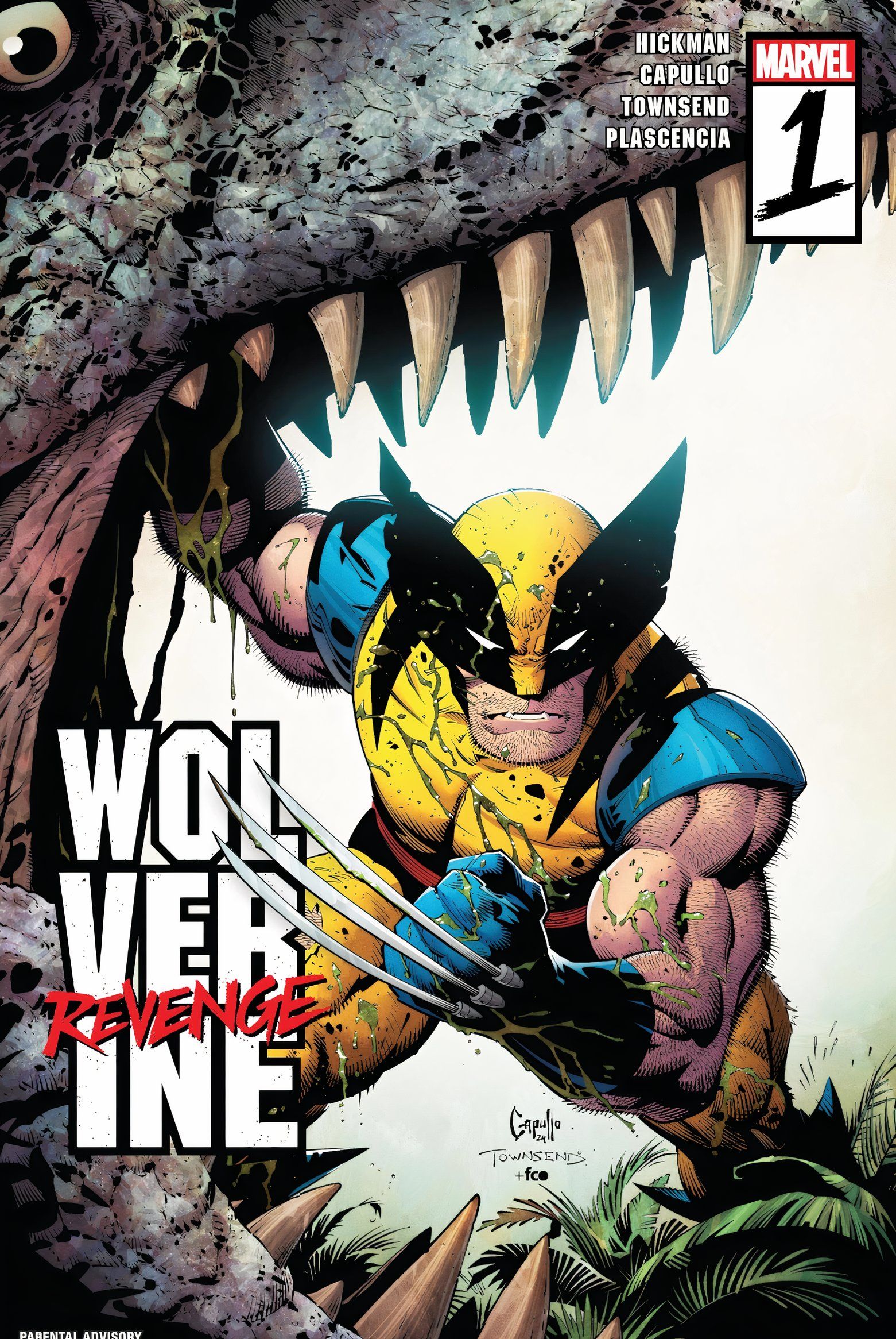 Wolverine Revenge #1, Wolverine coloca suas garras entre as mandíbulas de um dinossauro. 