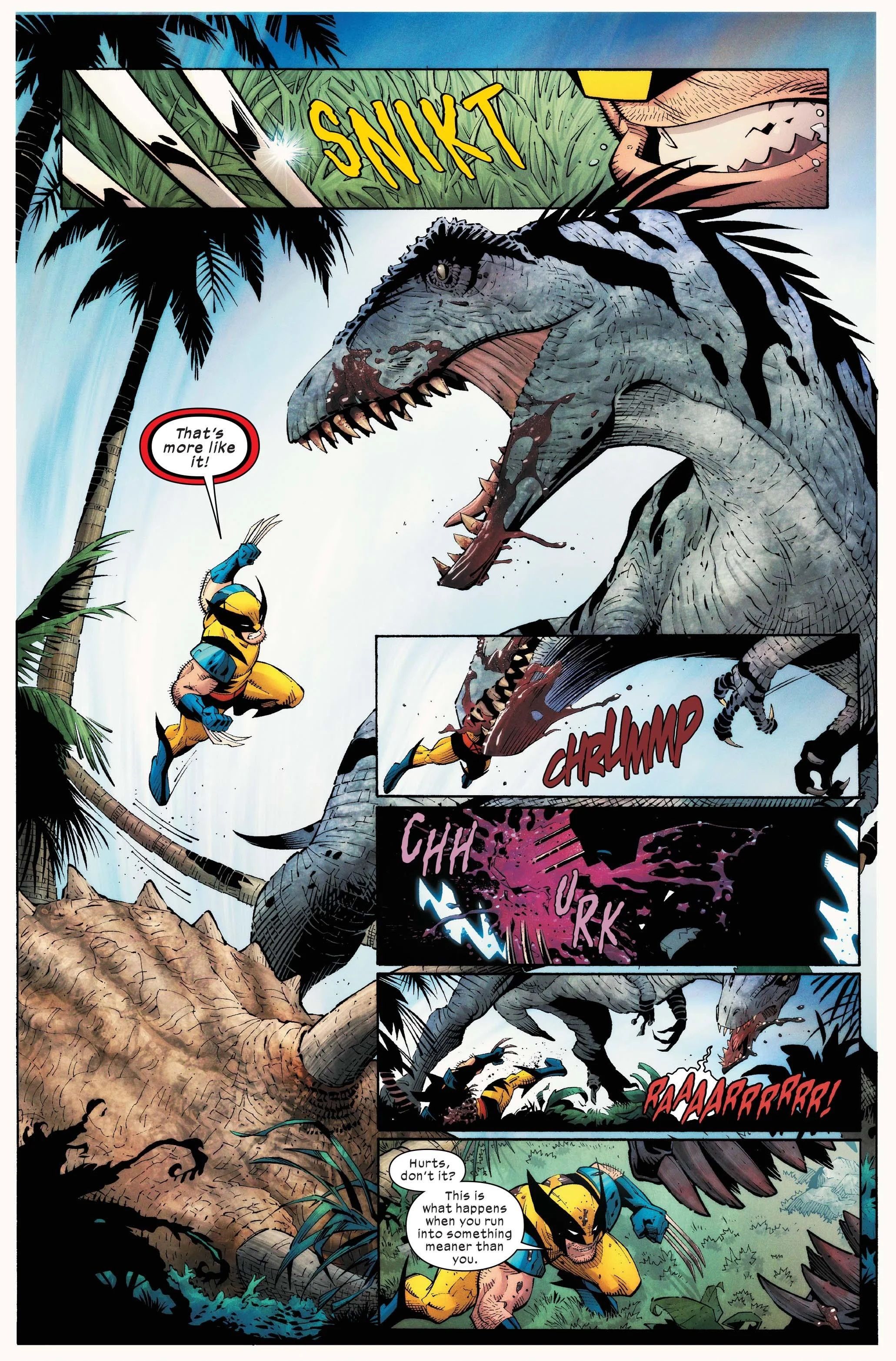 Wolverine Revenge #1, Wolverine saltando para a batalha com um T-Rex.