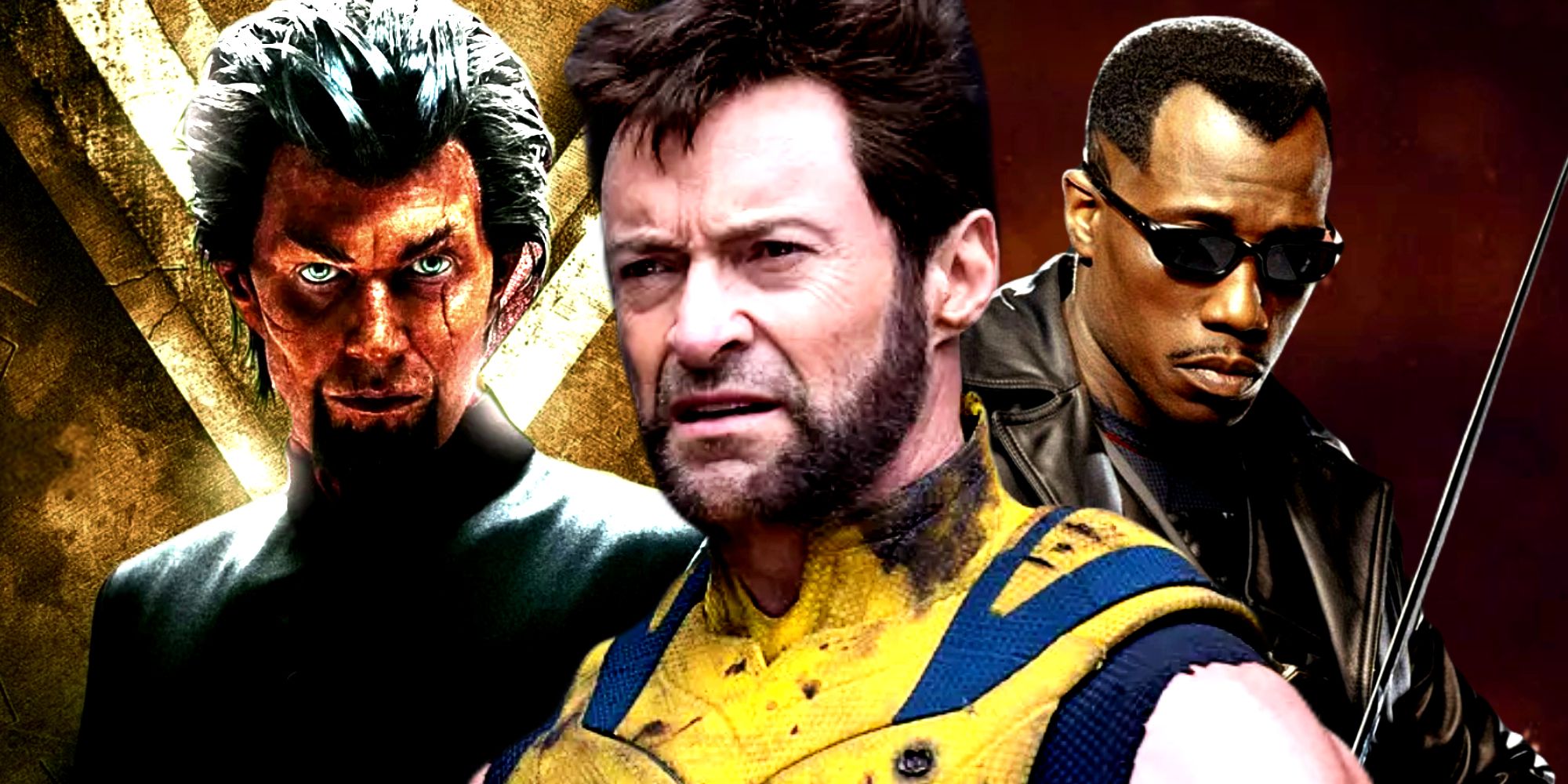 Wolverine squinting next to Wesley Snipes' Blade and Jason Flemyng's Azazel in Deadpool & Wolverine