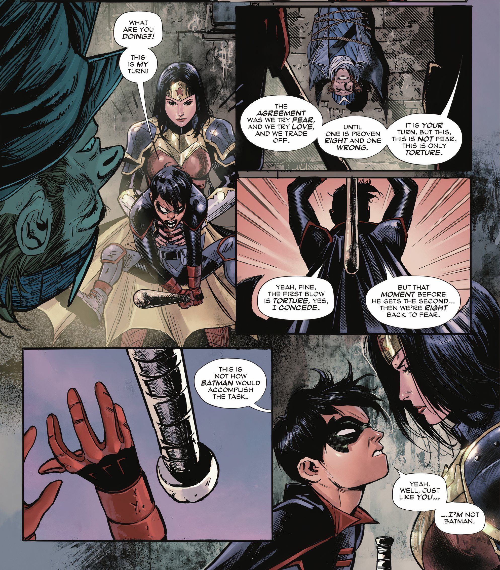 Wonder Woman #12 Diana holding Damian like a misbehaving puppy