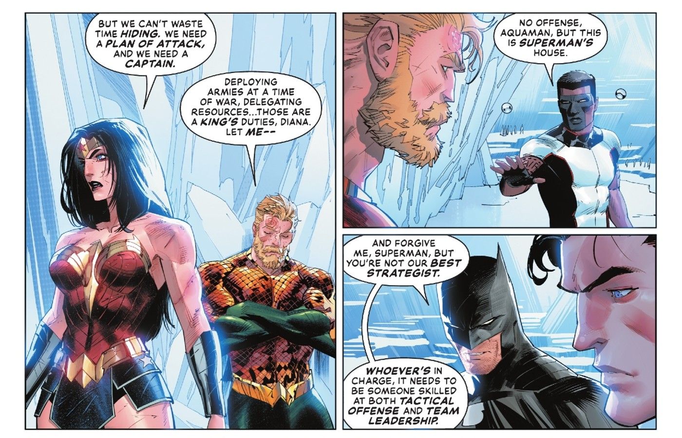 Mulher Maravilha Aquaman Batman e Mister Terrific discutem quem deveria liderar enquanto Superman está angustiado em Absolute Power #2