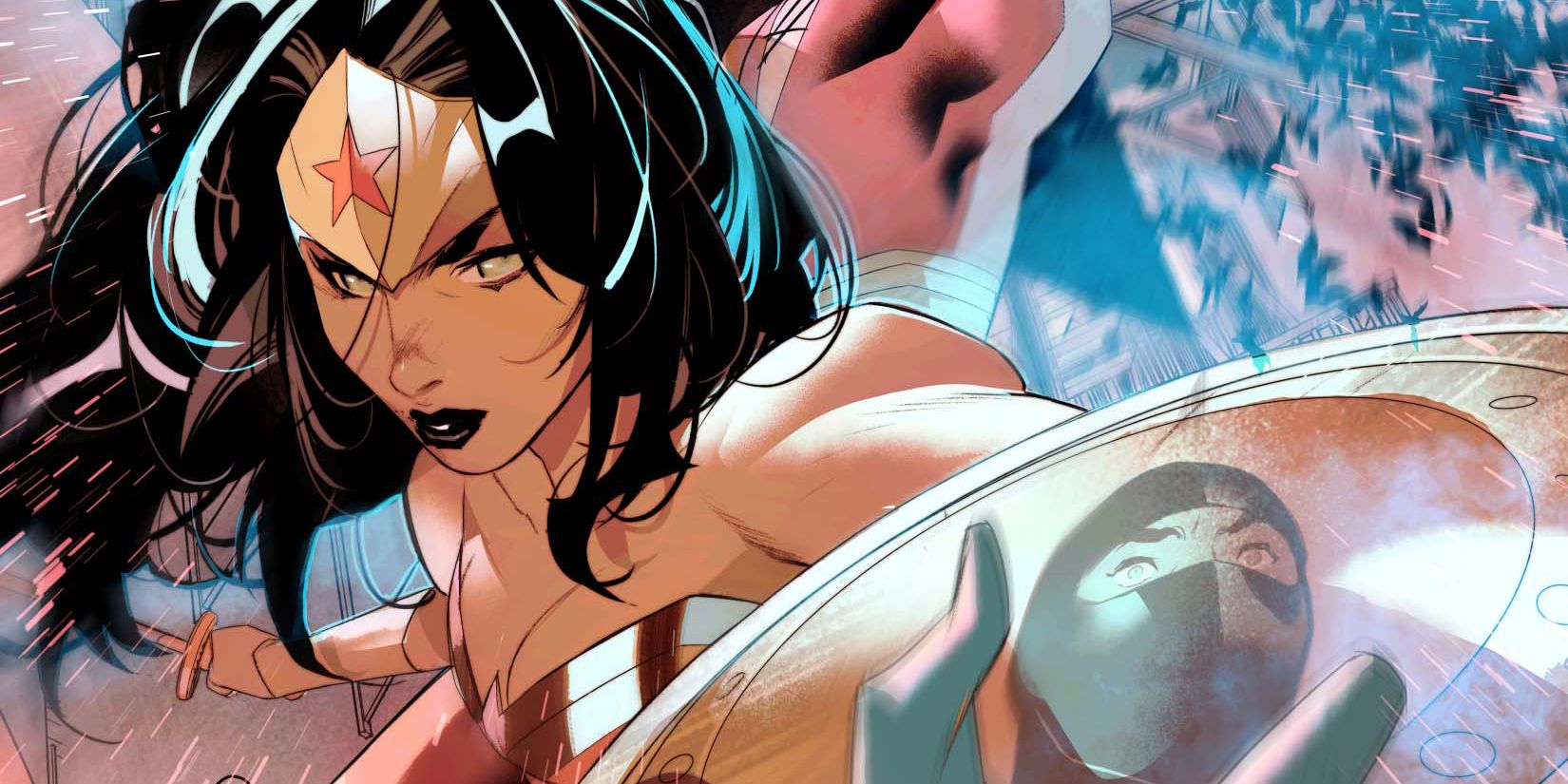 Wonder Woman close-up with a mysterious hero in the background