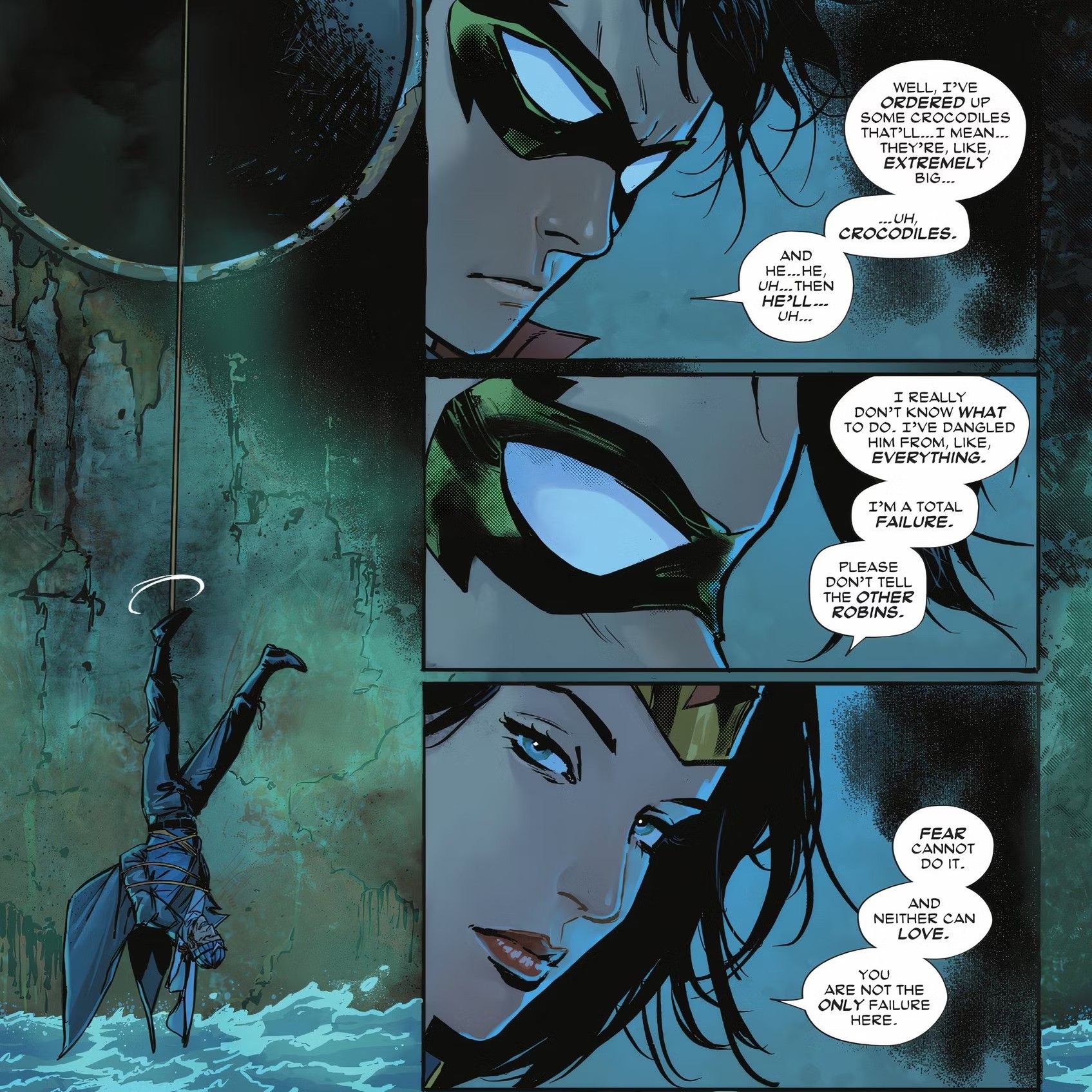 Painéis de quadrinhos: Capitão Bumerangue pendurado em um esgoto enquanto Mulher Maravilha e Robin Damian Wayne discutem seu interrogatório.