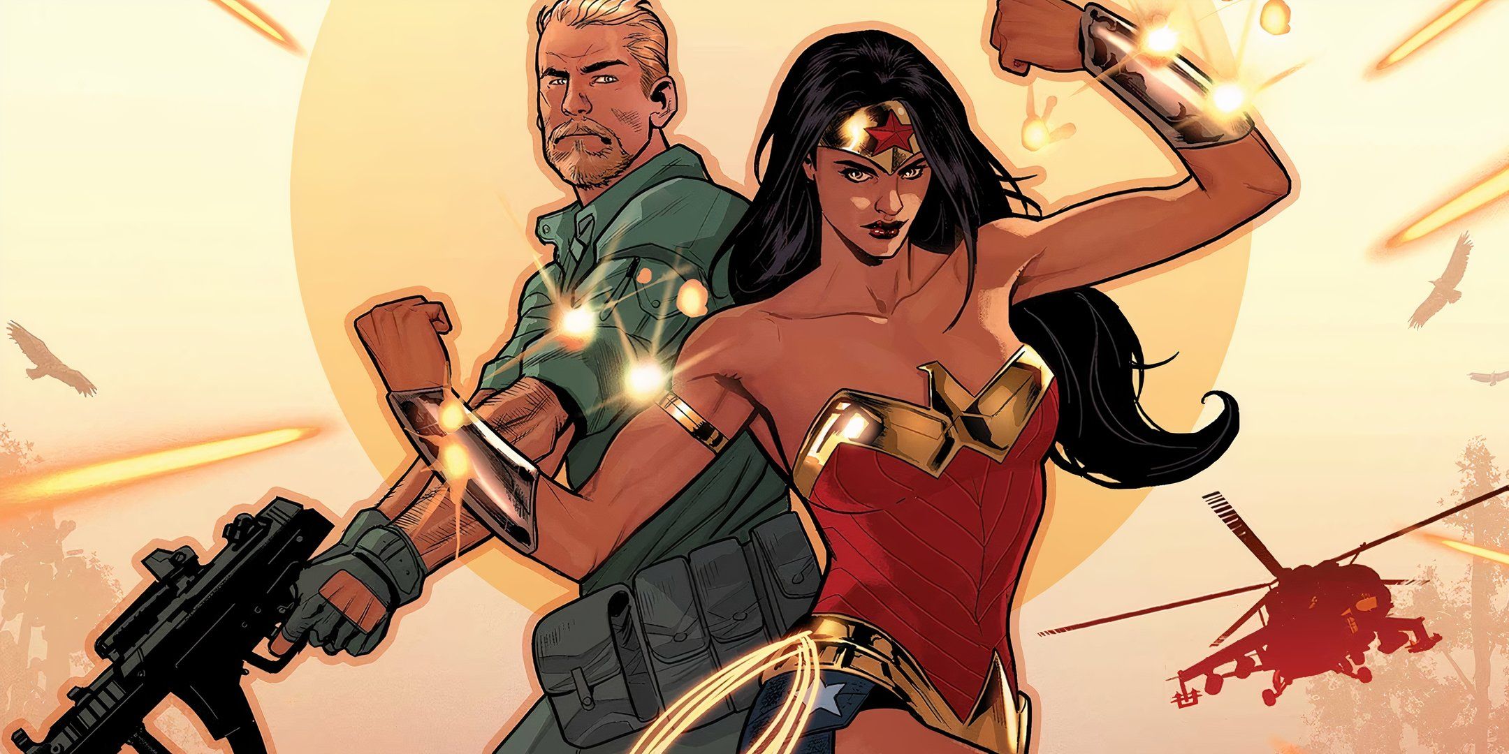 Mulher Maravilha protegendo Steve Trevor de balas com pulseiras DC