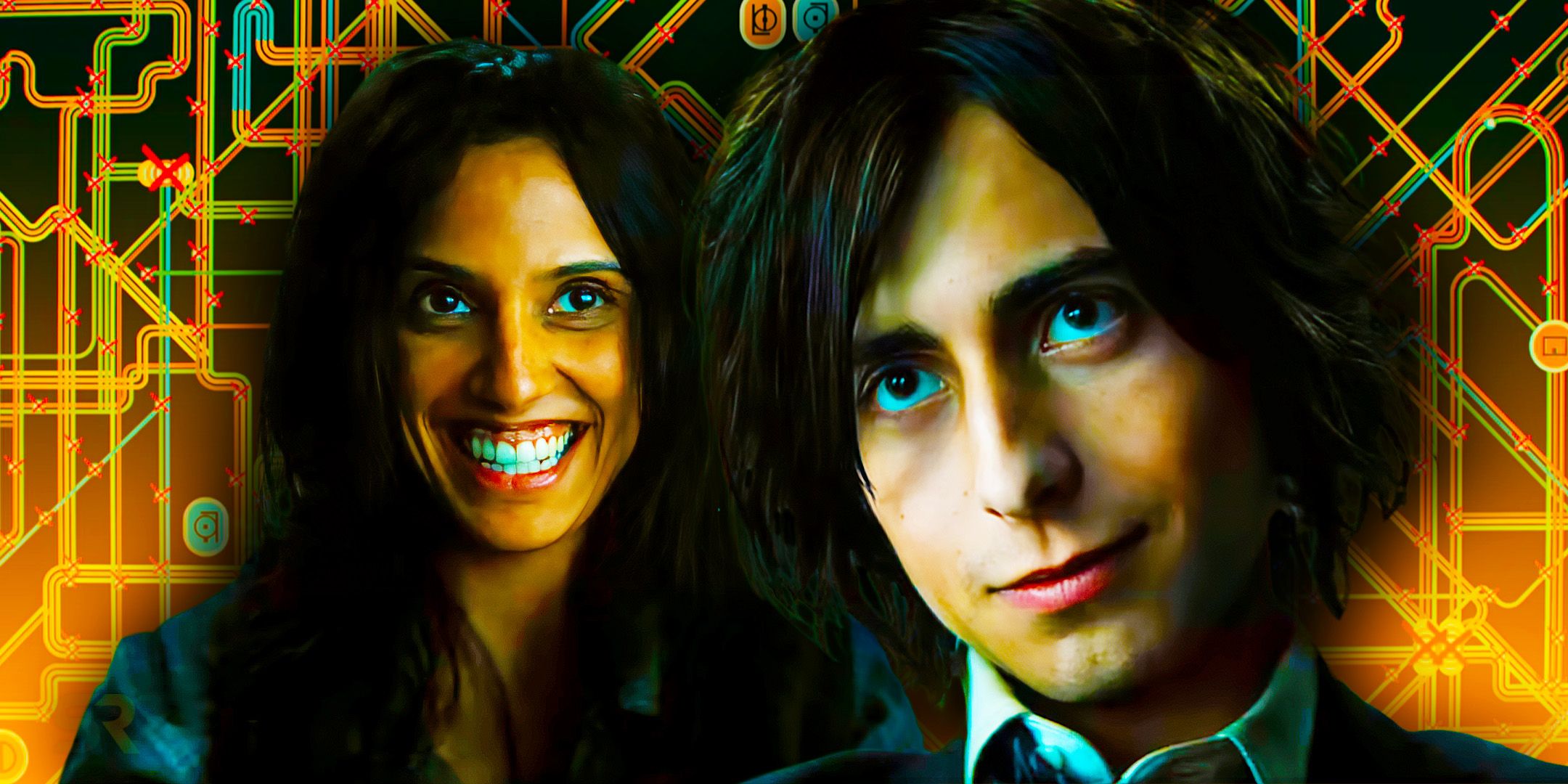 Ritu Arya and Aidan Gallagher smiling in The Umbrella Academy with a subway grid as the background