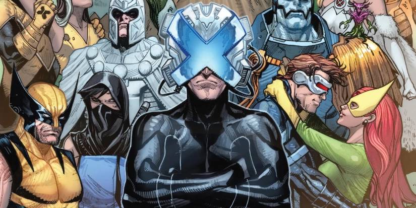 Comic book art: Krakoan Era Charles Xavier (foreground) with various X-Men in the background.