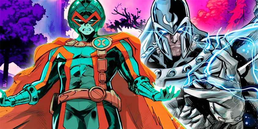 Comic book art: the Krakoan floats in front of Magneto in his silver costume.