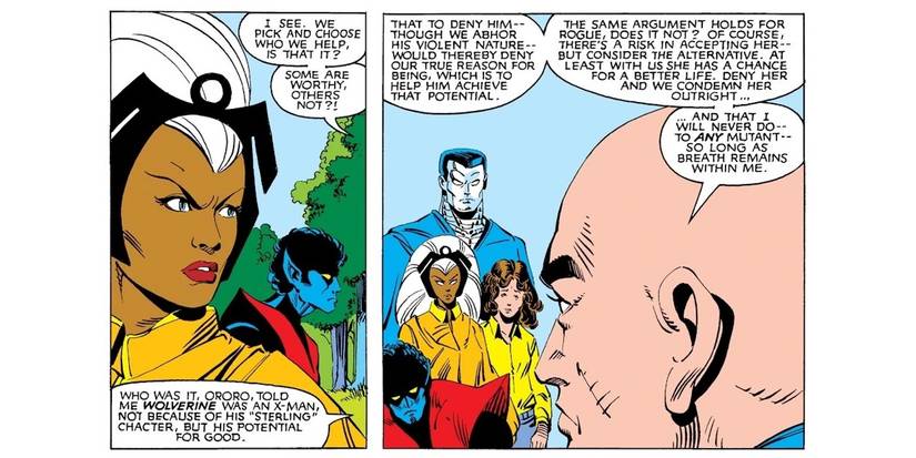 Comic book panels: XAVIER ARGUES FOR ROGUE TO JOIN THE X-MEN
