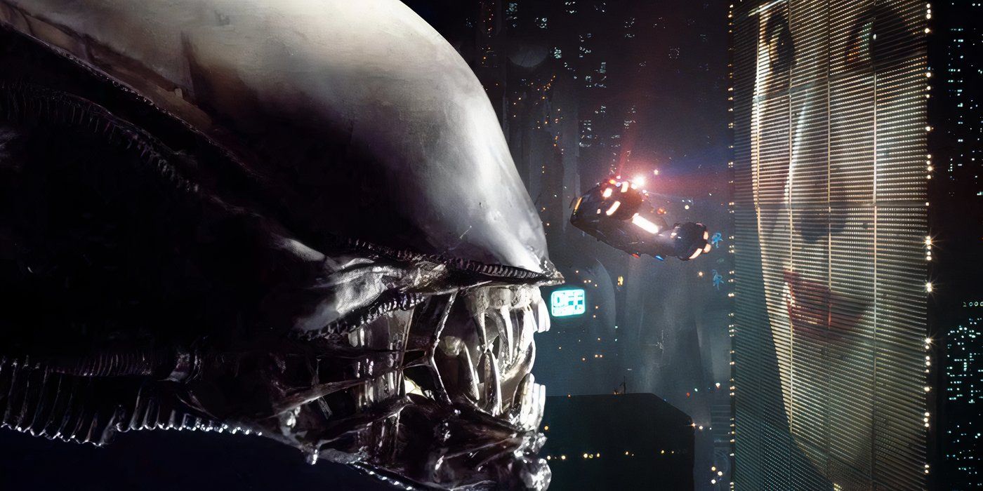 Xenomorph head over Blade Runner cityscape