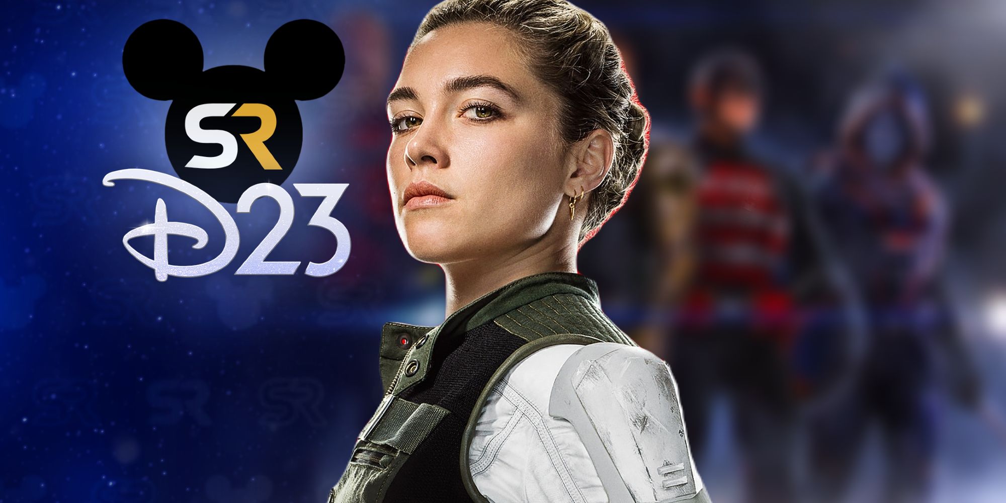 Florence Pugh as Yelena Belova in Black Widow (2021) atop a blurred image of the Thunderbolts* (2025) line-up and the Screen Rant D23 overlay