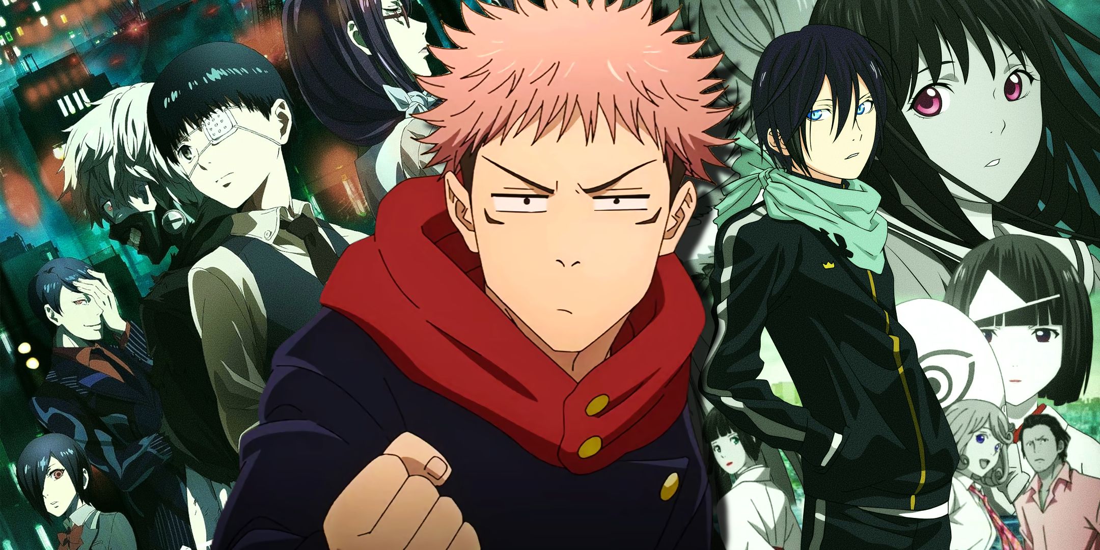 Yuji from jujutsu kaisen looking confused and skeptical with key visuals for noragami and tokyo ghoul in the background
