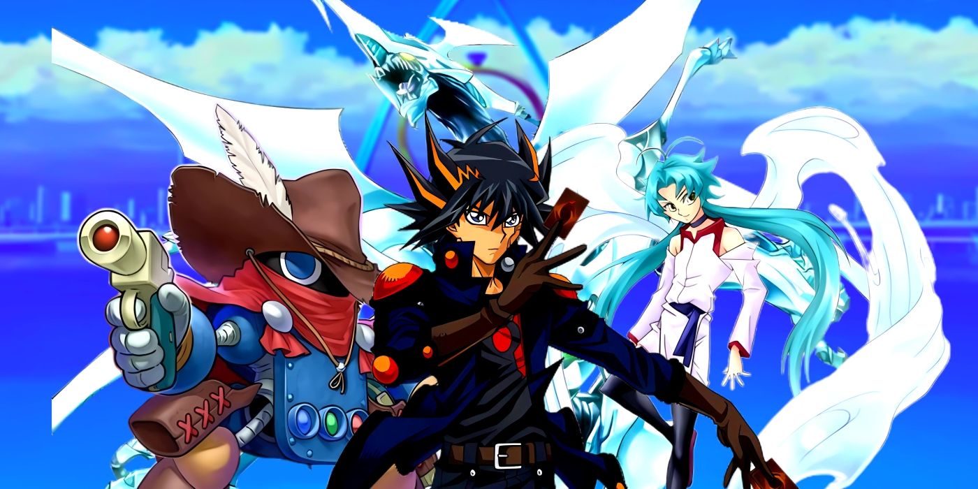 Yusei stadning while holding a card with Effect Veiler, Quickdraw Shynchron, and SHooting Quasar Dragon behind him. They are all in front of an image of New Domino City.