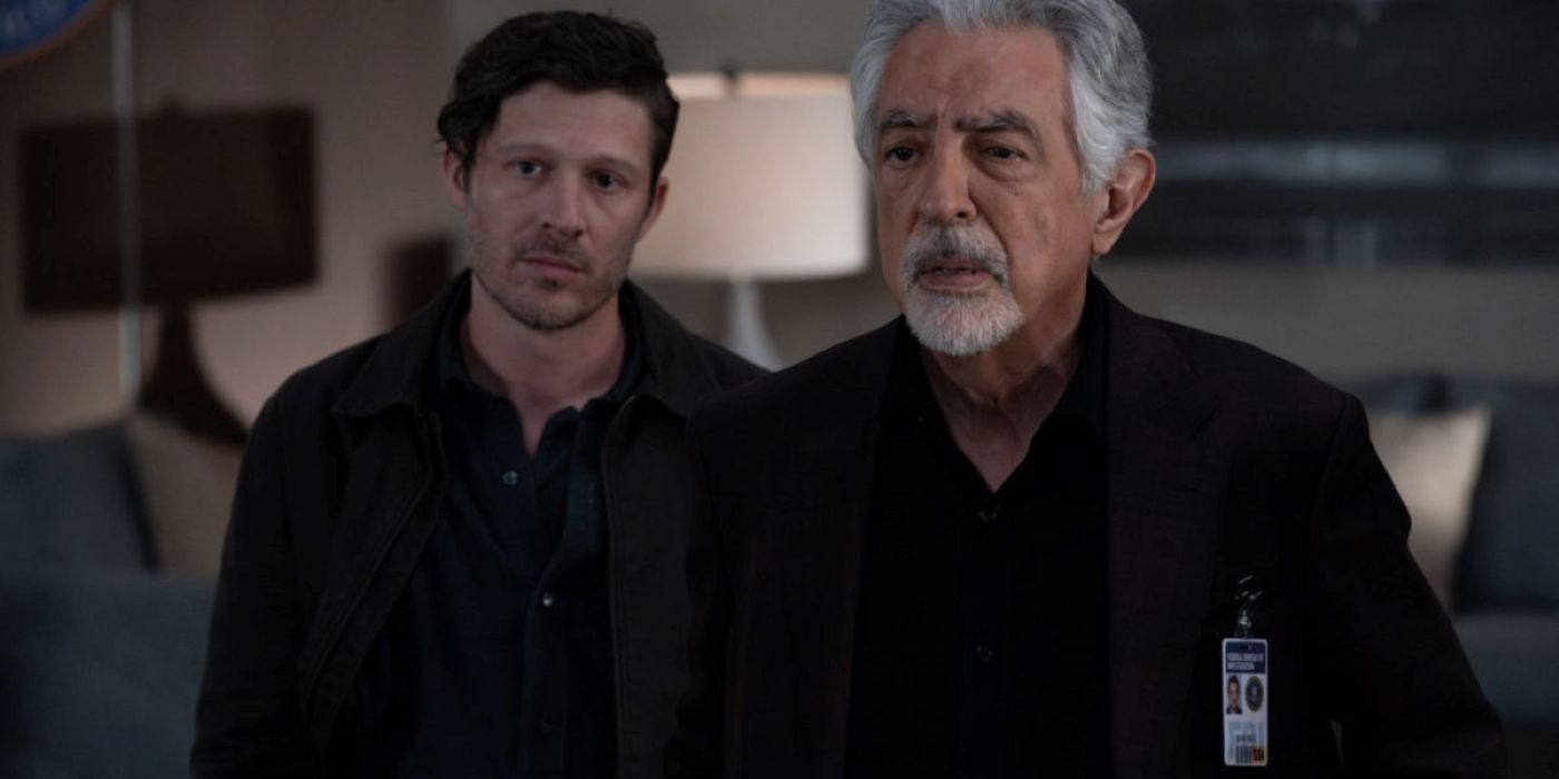 Zach Gilford como Elias Voit e Joe Mantegna como David Rossi em Criminal Minds: Evolution.jpg