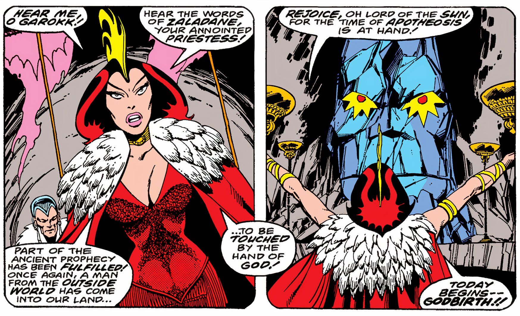 Polaris' sister Zaladane chants to her God while wearing a red outfit and feathered cape. 