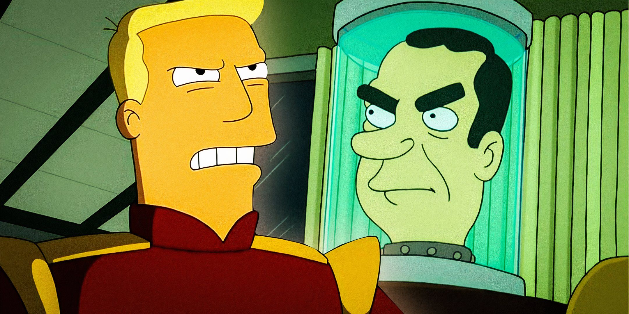 Zapp Brannigan and Richard Nixon's head in Futurama