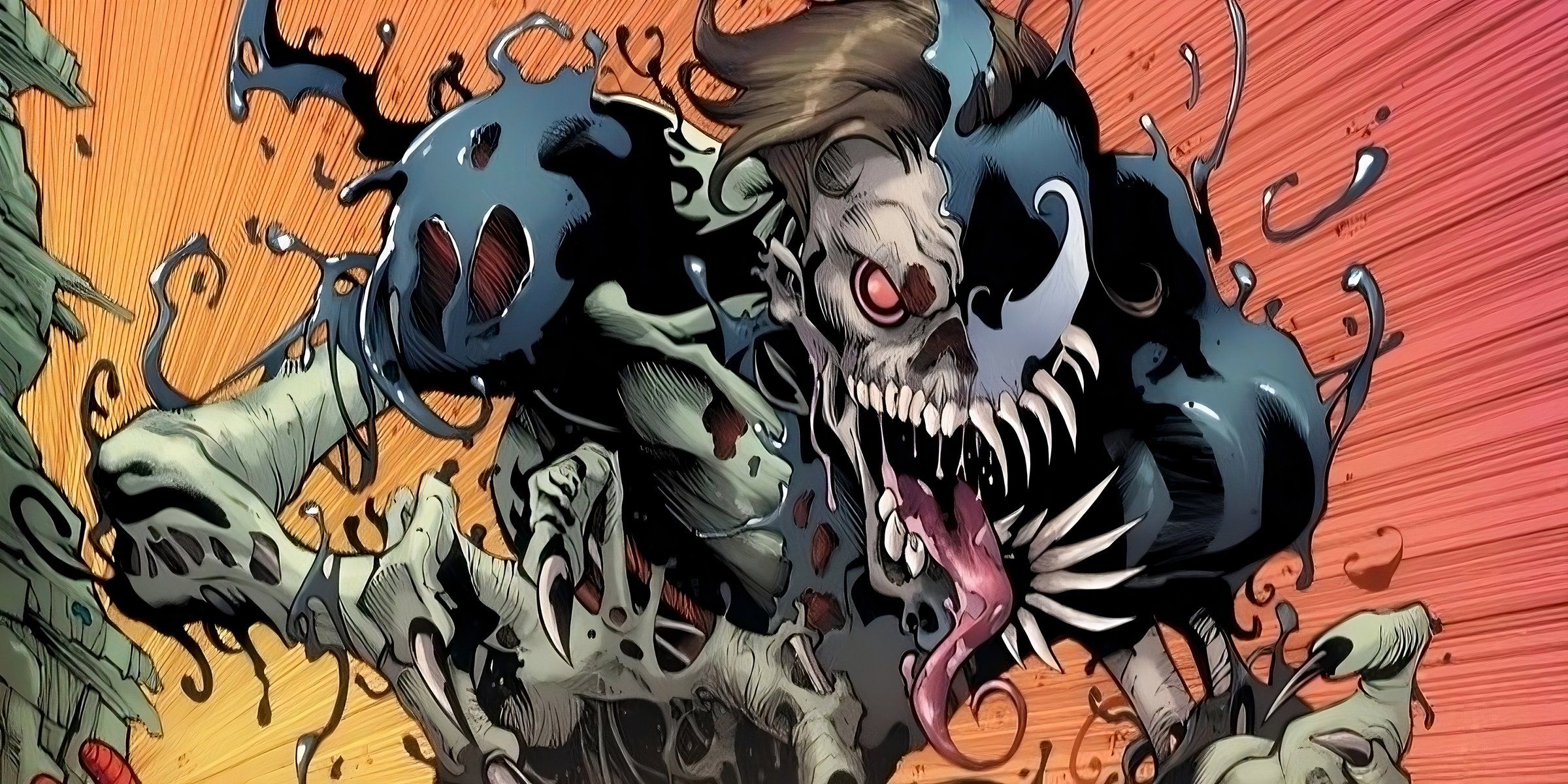 Arte de quadrinhos: Um monstro zumbi Venom infectado avança em direção ao leitor.