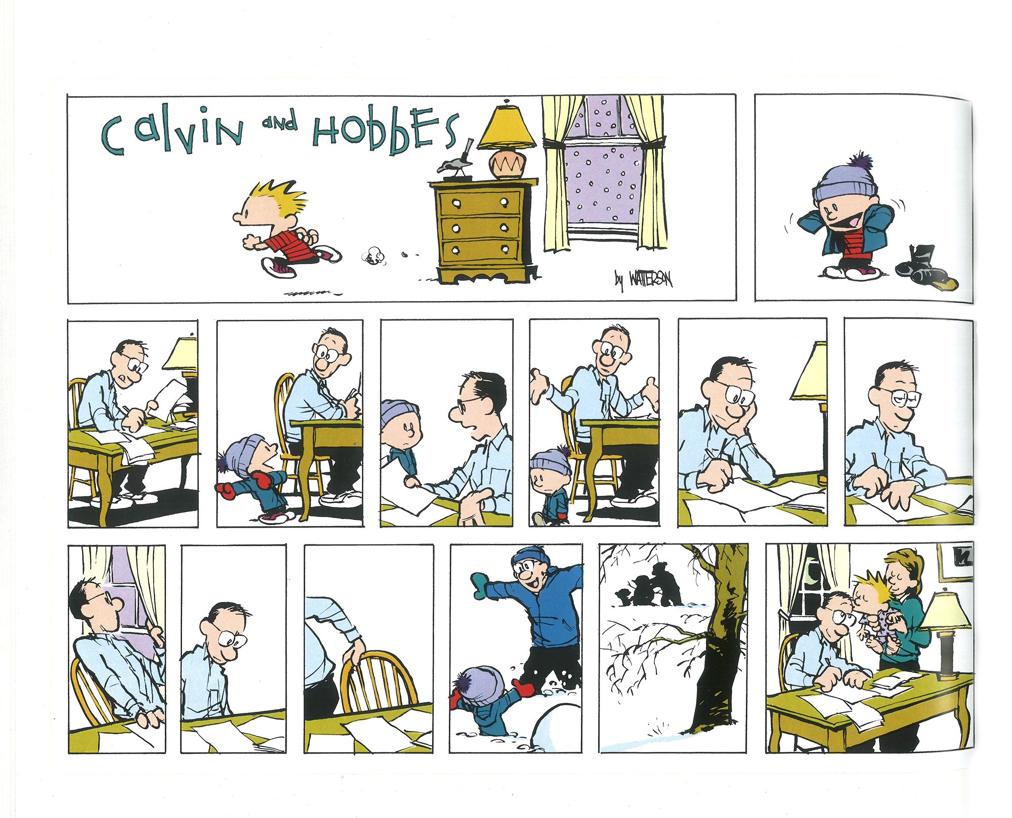 In a Sunday comic without dialogue, Calvin invites his dad to play outside in the snow with him. His dad says no, explaining that he's doing paperwork and paying bills. Ultimately, he decides to play in the snow with his son, and they have a wonderful day together.