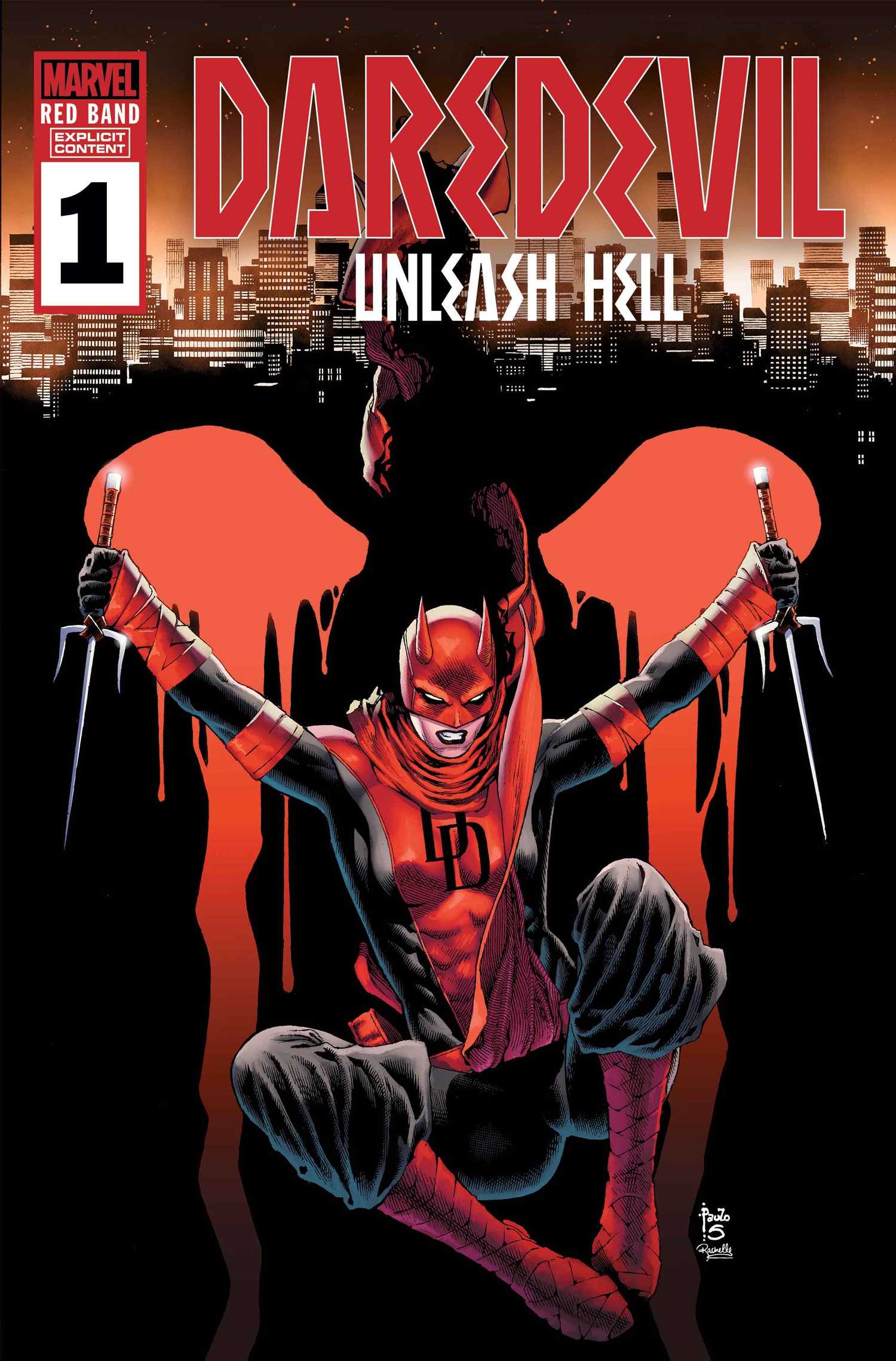 Comic book cover: Elektra’s Woman Without Fear holding sai, descending in front of a city skyline.