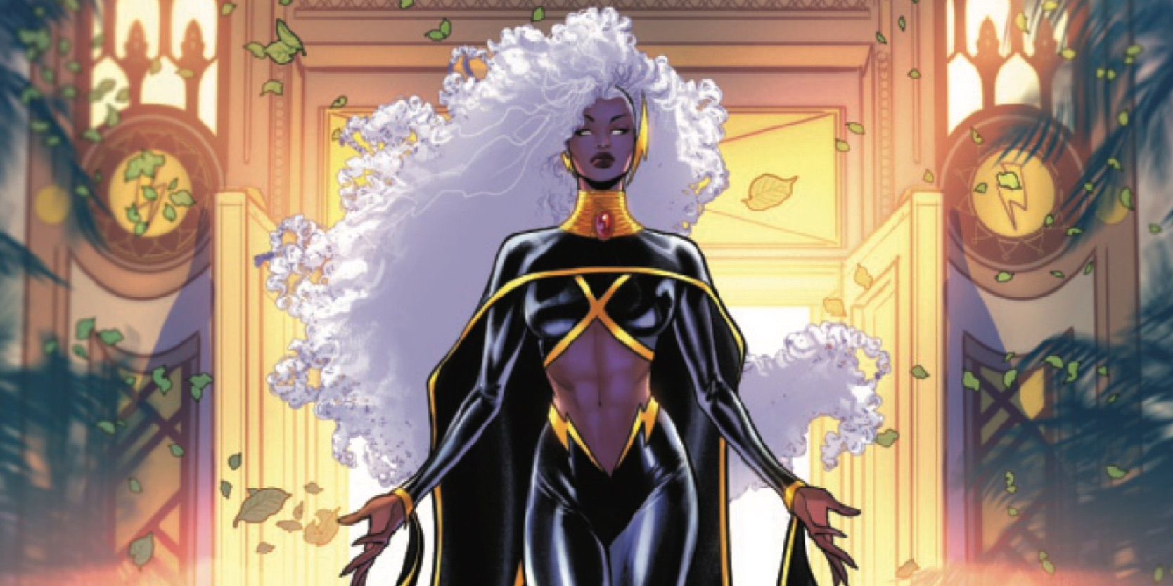 Comic book panel: Ororo strides forward in her Storm Sanctuary.