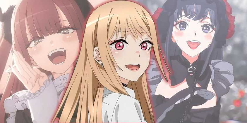 Marin Kitagawa in her school univorm, with two of her cosplays in the background