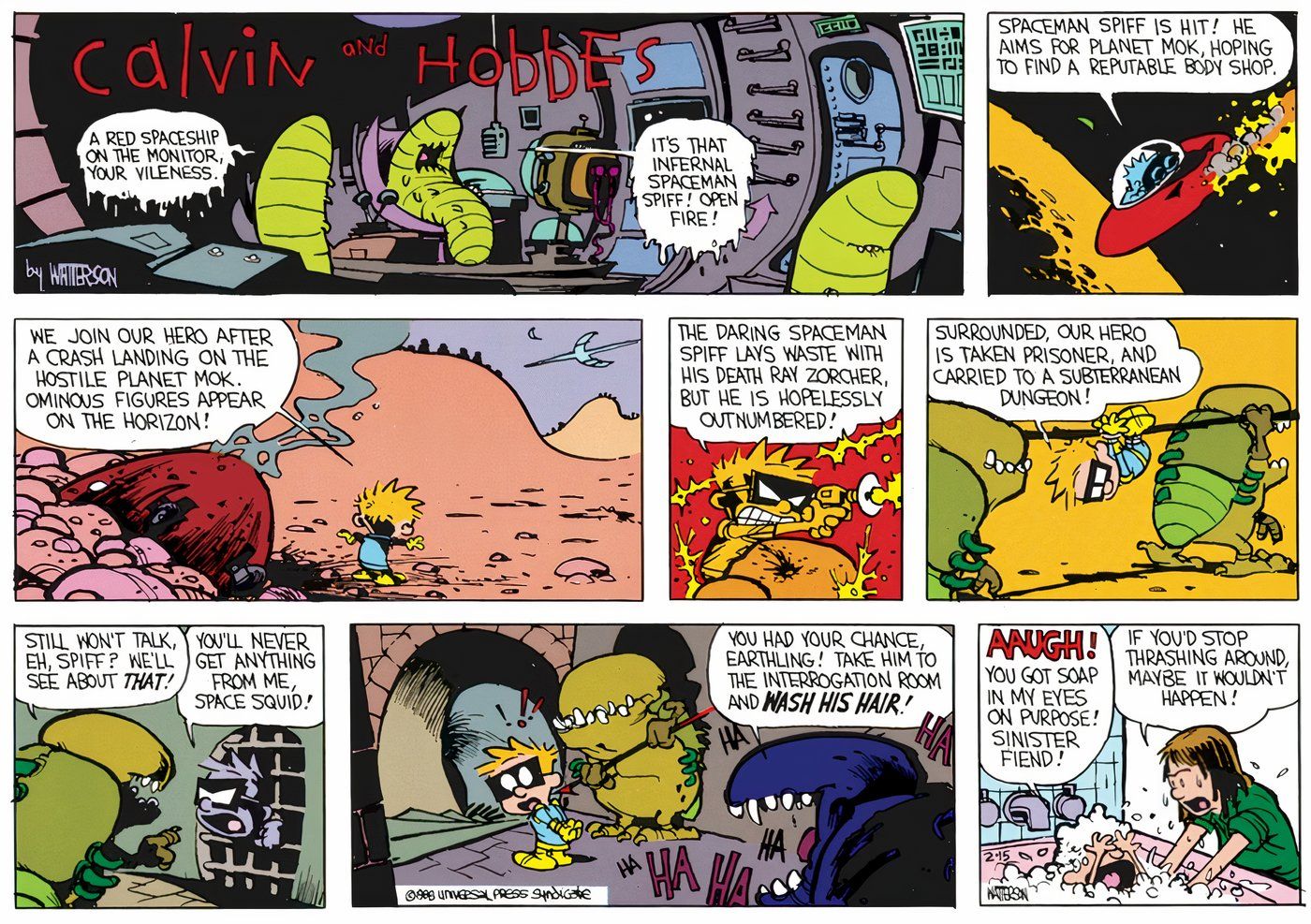 Calvin and Hobbes' Spaceman Spiff battling evil bug-like aliens. 