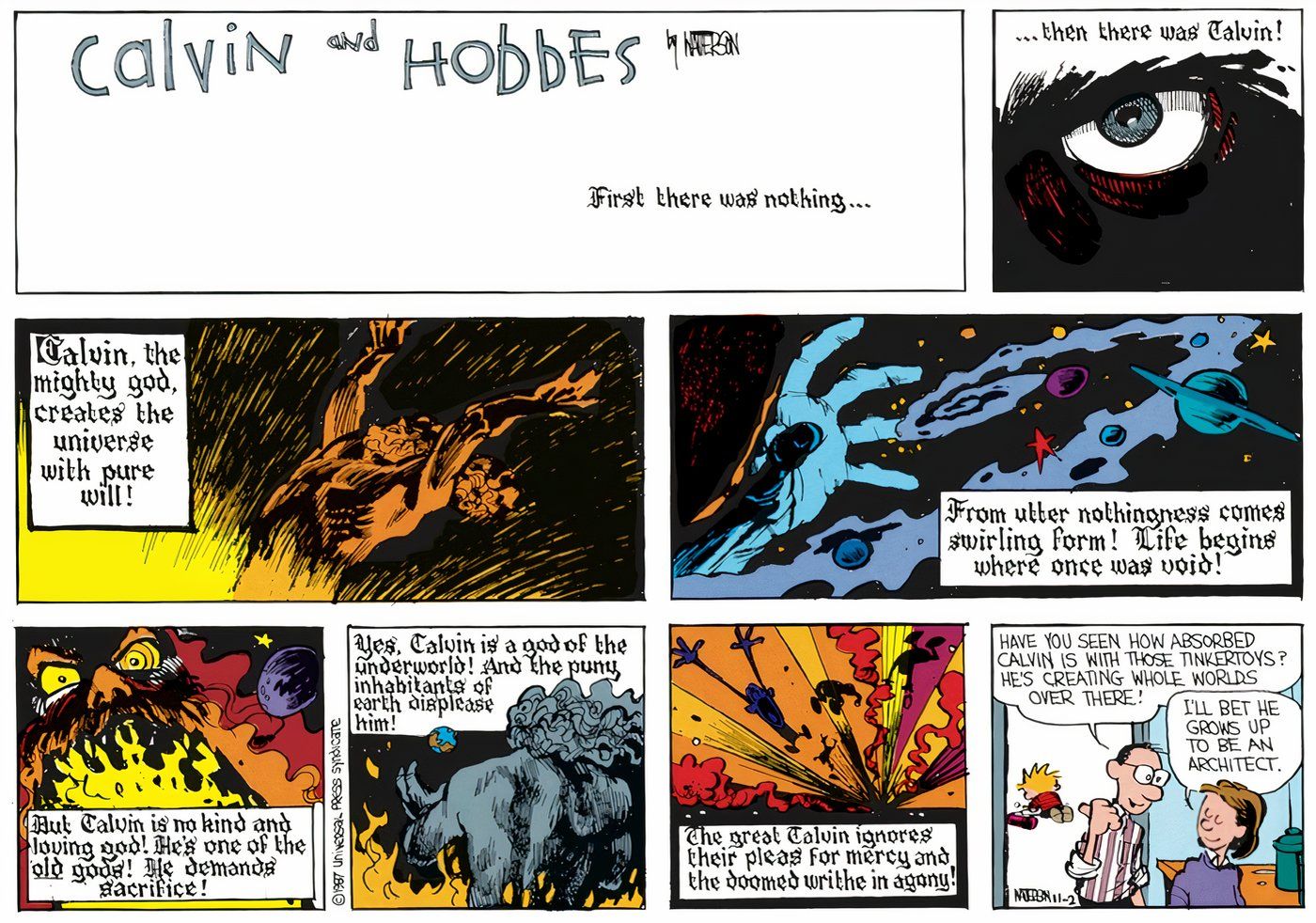 História em quadrinhos de Calvin e Hobbes retratando Calvino como um deus criador do universo.