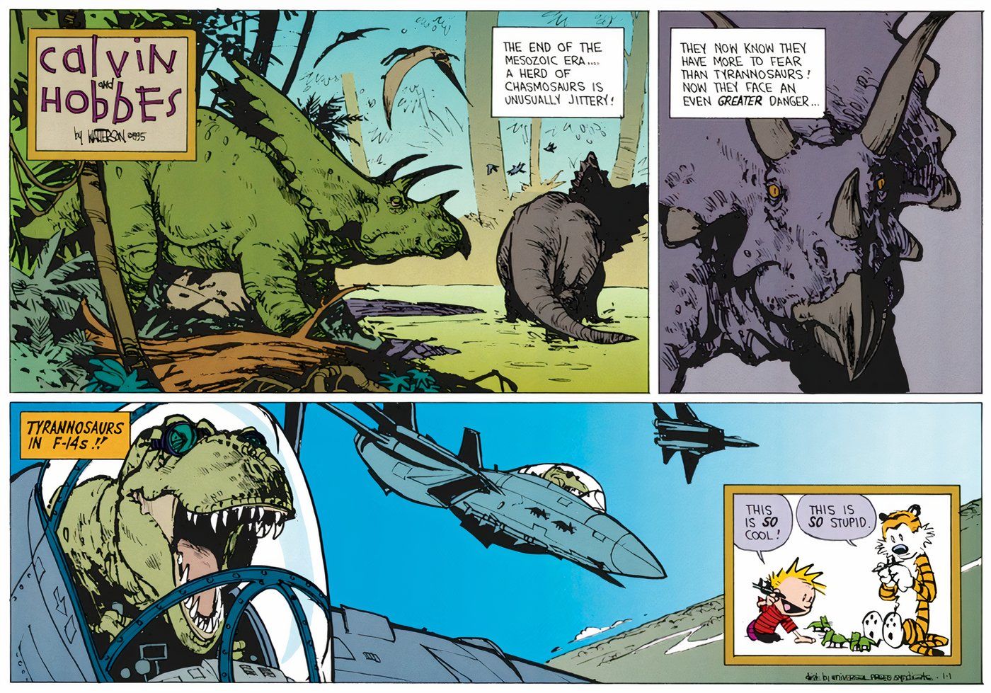 Calvin and Hobbes playing a game where T-Rexes are flying fighter jets.