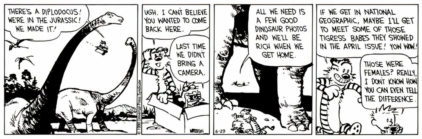 Calvin and Hobbes traveling back in time to the Jurassic period.