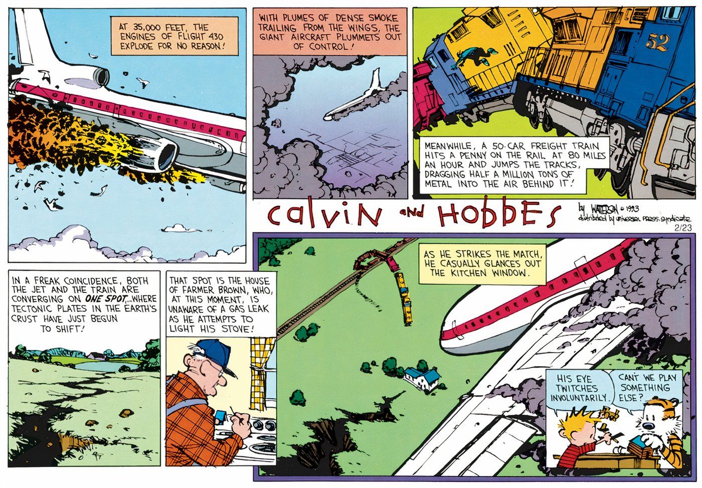 Calvin and Hobbes telling the tragic tale of Farmer Brown.