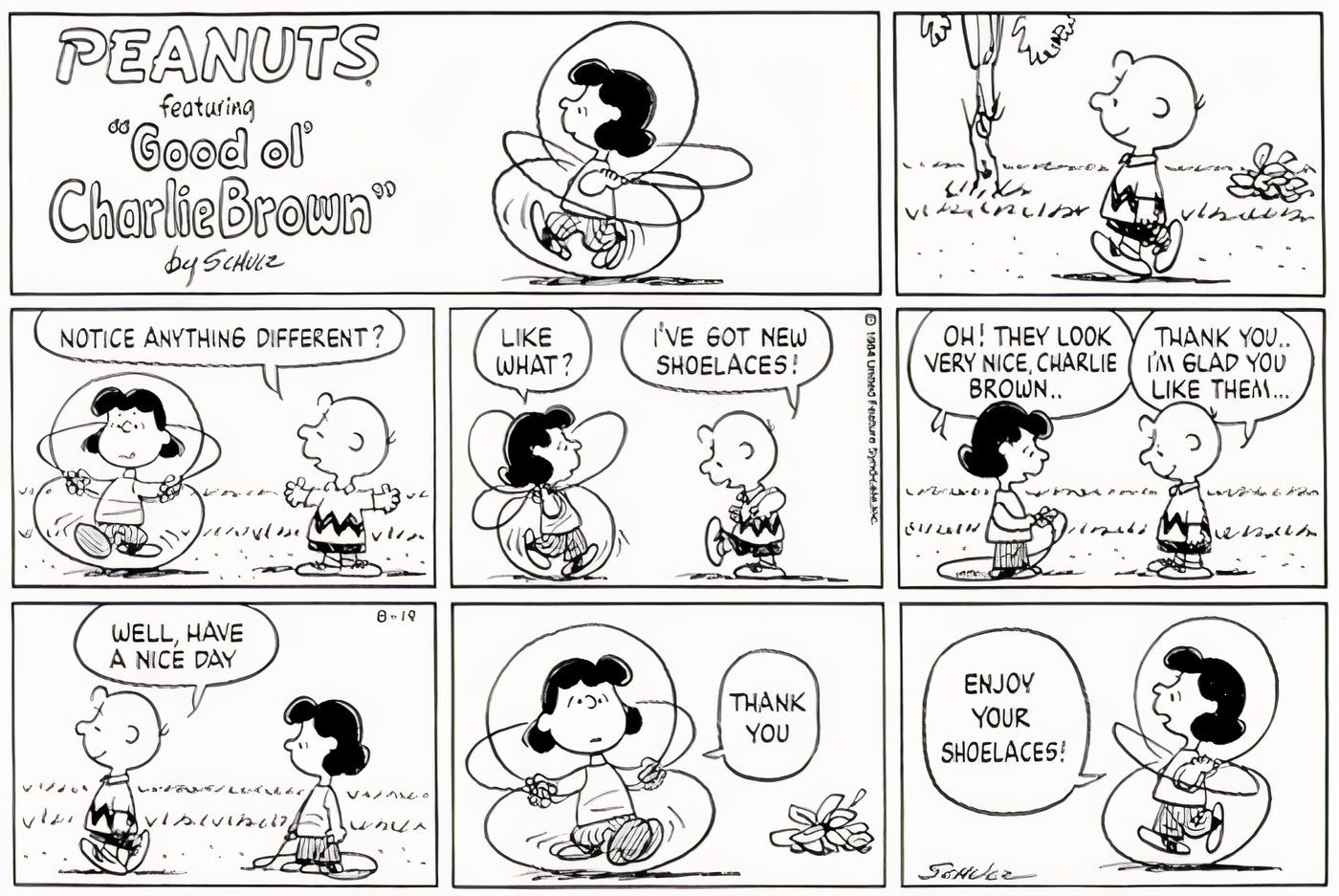 Charlie Brown mostrando a Lucy seus novos cadarços.