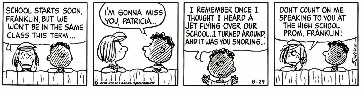 Franklin dizendo a Peppermint Patty que sentirá falta de vê-la na escola.