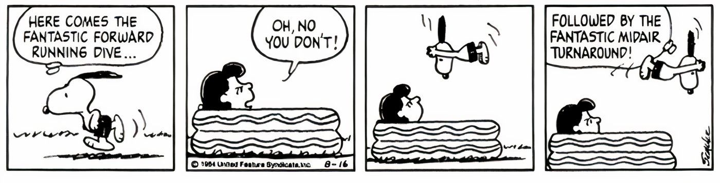 Snoopy para no ar enquanto mergulha na piscina de Lucy.