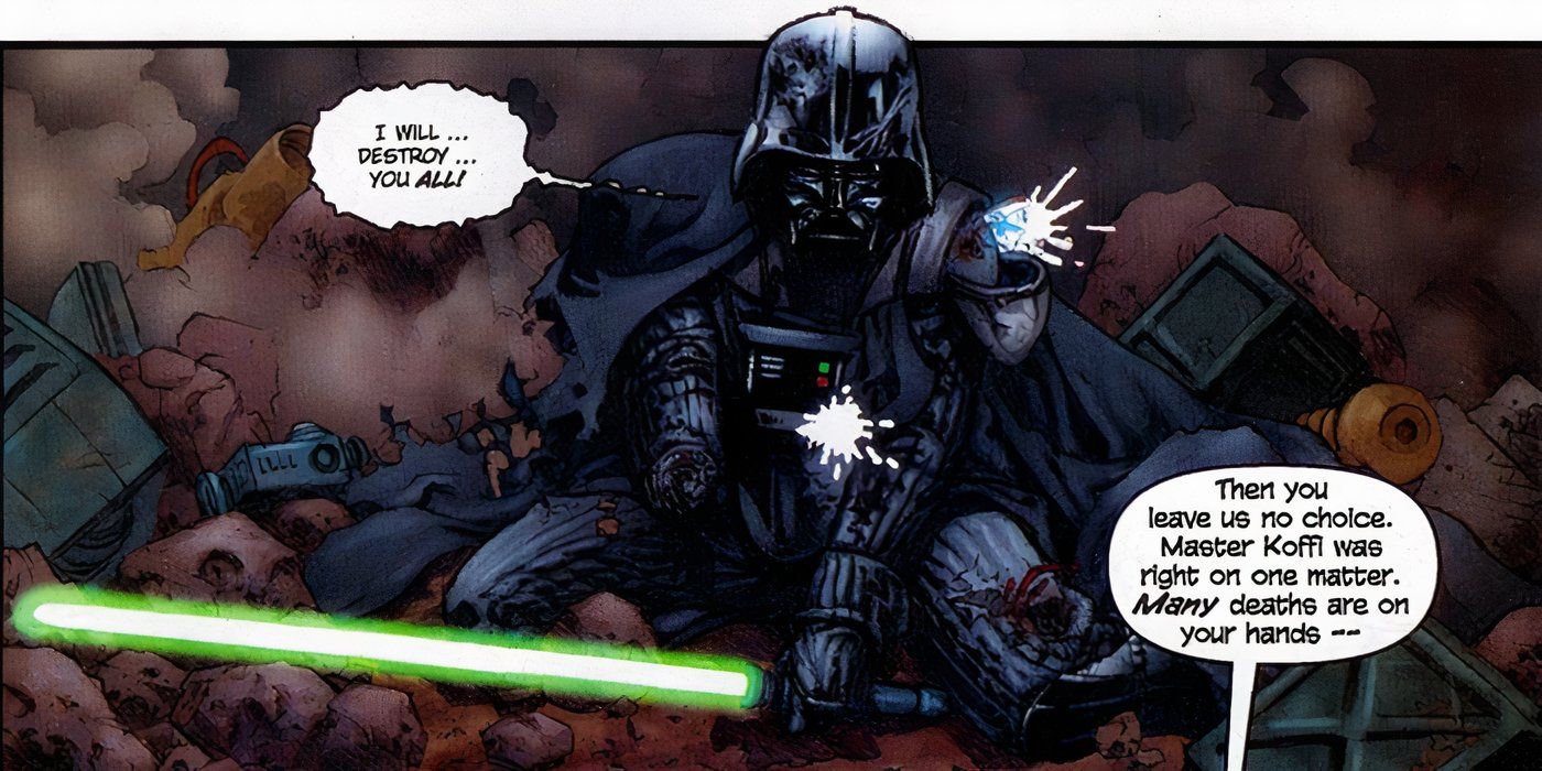 Darth Vader knelt before the defeated Jedi.